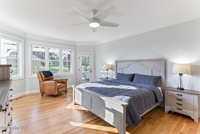 177 National Dr, Pinehurst, NC 28374 - bedroom featuring access to exterior, crown molding, light wood finished floors, ceiling fan, and baseboards