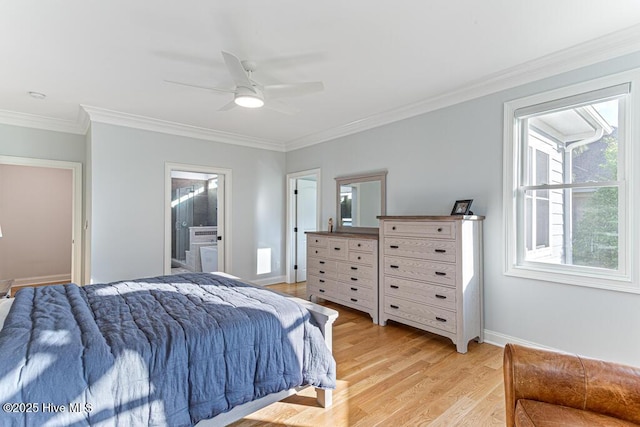 177 National Dr, Pinehurst, NC 28374 - bedroom featuring light wood-style flooring, crown molding, baseboards, ceiling fan, and ensuite bathroom
