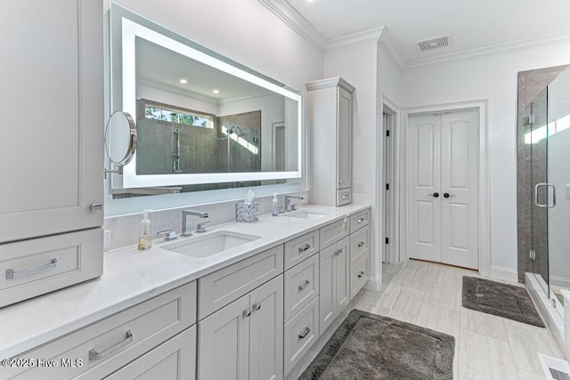 177 National Dr, Pinehurst, NC 28374 - full bath with a stall shower, double vanity, and ornamental molding