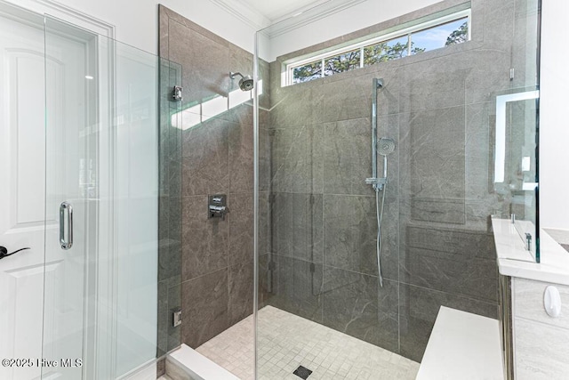 177 National Dr, Pinehurst, NC 28374 - full bath featuring a shower stall, ornamental molding, and vanity