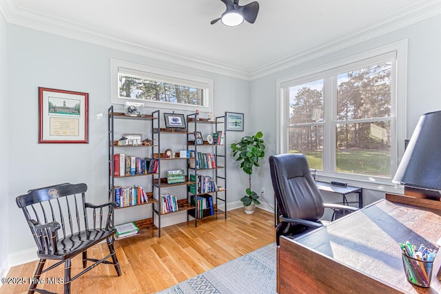 177 National Dr, Pinehurst, NC 28374 - office featuring wood finished floors, crown molding, a ceiling fan, and baseboards