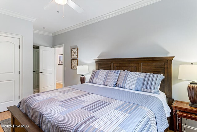 177 National Dr, Pinehurst, NC 28374 - bedroom with ornamental molding, light wood-type flooring, and a ceiling fan