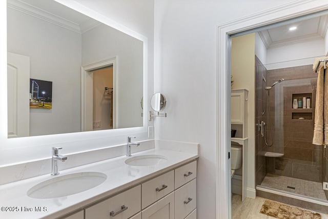 177 National Dr, Pinehurst, NC 28374 - full bath featuring ornamental molding, a stall shower, double vanity, and toilet