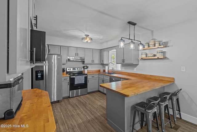 815 Gadwell Loop, Jacksonville, NC 28540 - kitchen featuring stainless steel appliances, wood counters, under cabinet range hood, gray cabinetry, and a peninsula