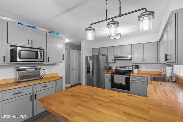 815 Gadwell Loop, Jacksonville, NC 28540 - kitchen with wood counters, stainless steel appliances, under cabinet range hood, and gray cabinetry