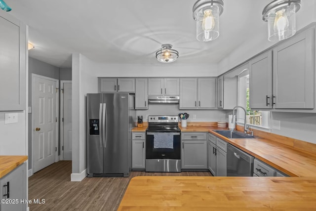 815 Gadwell Loop, Jacksonville, NC 28540 - kitchen with wood counters, stainless steel appliances, under cabinet range hood, and gray cabinetry