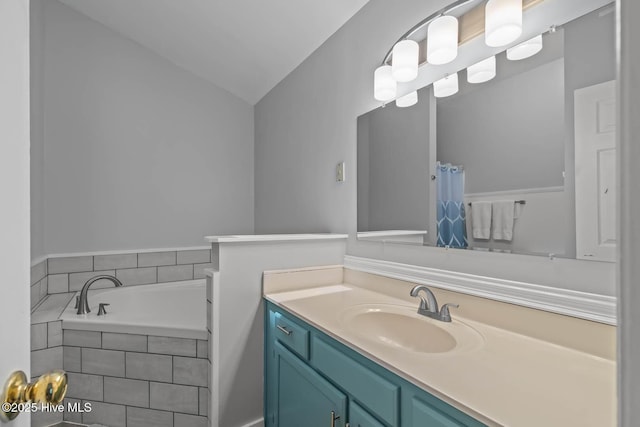 815 Gadwell Loop, Jacksonville, NC 28540 - full bath featuring vanity, a bath, lofted ceiling, and curtained shower