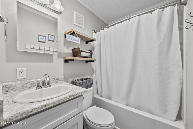 full bath with vanity, toilet, shower / bath combo with shower curtain, a textured ceiling, and ornamental molding