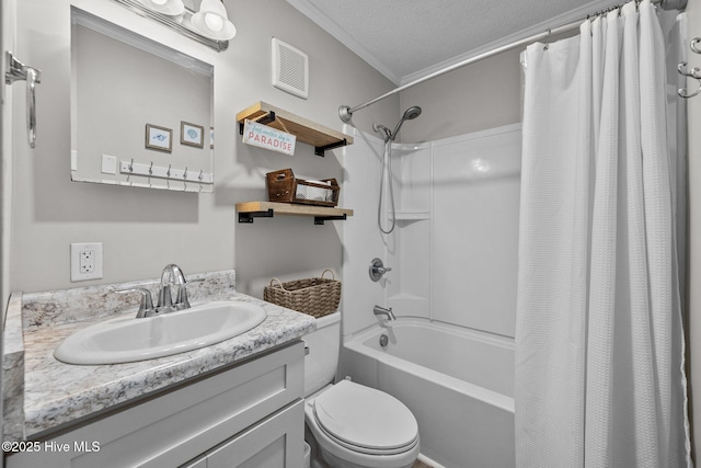 bathroom with shower / bathtub combination with curtain, a textured ceiling, toilet, vanity, and crown molding