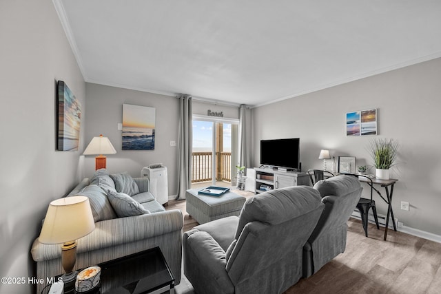 living room featuring crown molding, wood finished floors, baseboards, and a baseboard heating unit