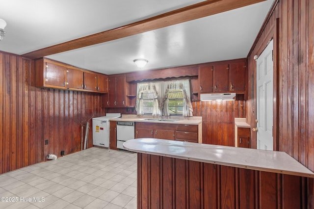 1704 Charlotte Ave, Kinston, NC 28501 - kitchen featuring dishwashing machine, under cabinet range hood, wood walls, a sink, and light countertops