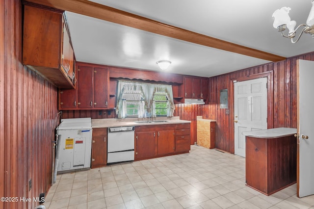 1704 Charlotte Ave, Kinston, NC 28501 - kitchen with dishwasher, a sink, light countertops, a chandelier, and under cabinet range hood