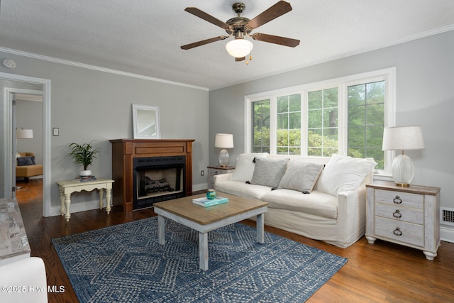 211 Spruce Cir, Wilmington, NC 28403 - living area with ceiling fan, ornamental molding, wood finished floors, a fireplace, and a textured ceiling