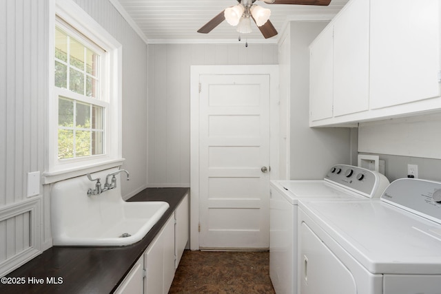 211 Spruce Cir, Wilmington, NC 28403 - washroom with cabinet space, independent washer and dryer, ceiling fan, and ornamental molding