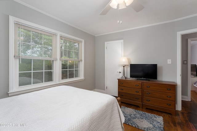 211 Spruce Cir, Wilmington, NC 28403 - bedroom with dark wood-style floors, multiple windows, ornamental molding, baseboards, and ceiling fan