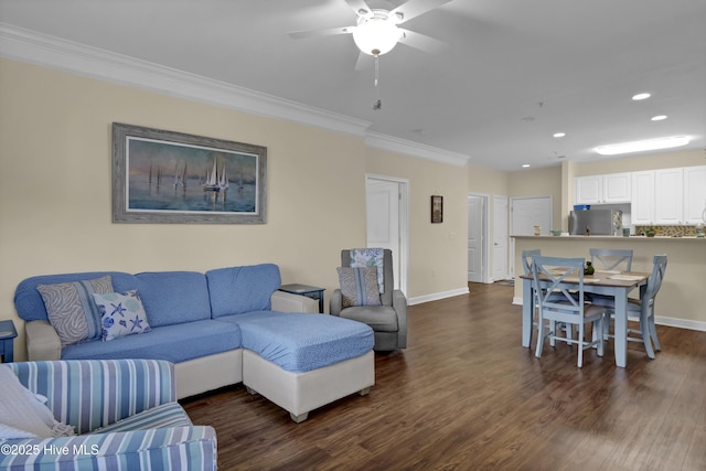 395 S Crow Creek Dr Unit 2306, Calabash, NC 28467 - living room featuring ornamental molding, dark wood-type flooring, recessed lighting, ceiling fan, and baseboards