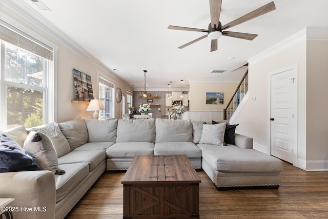 157 Heritage Way, Hampstead, NC 28443 - living area with a ceiling fan, ornamental molding, stairs, dark wood finished floors, and baseboards
