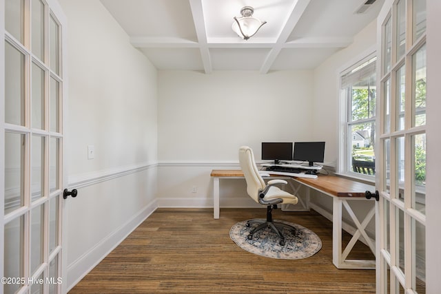 157 Heritage Way, Hampstead, NC 28443 - office area with coffered ceiling, beam ceiling, dark wood-type flooring, french doors, and baseboards