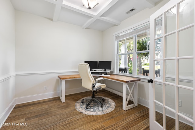157 Heritage Way, Hampstead, NC 28443 - office space with coffered ceiling, beam ceiling, baseboards, and wood finished floors