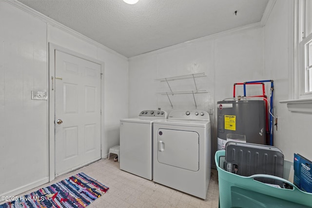 410 Craven St, Bath, NC 27808 - laundry area with washer and dryer, electric water heater, light flooring, ornamental molding, and a textured ceiling