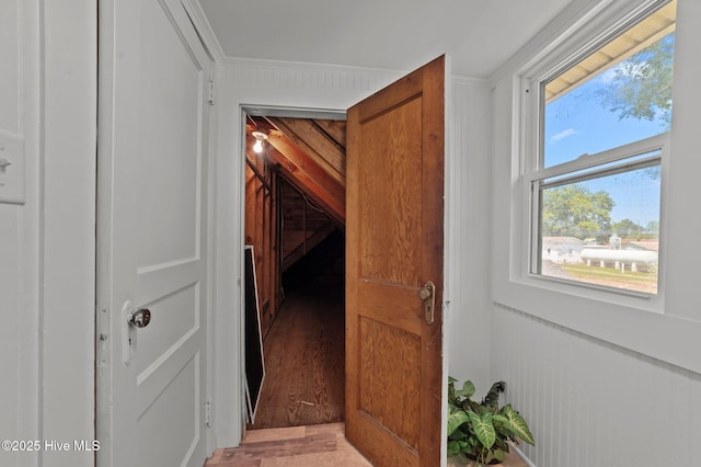 410 Craven St, Bath, NC 27808 - corridor with ornamental molding, healthy amount of natural light, and light wood-style flooring