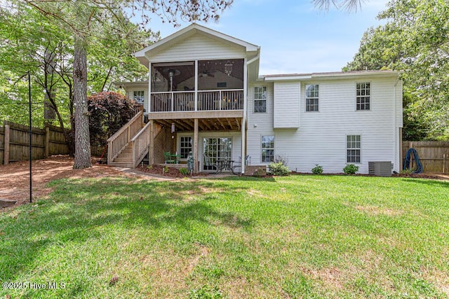 2 Beryl Cir, Pinehurst, NC 28374 - rear view of house with a sunroom, central AC, stairs, and ceiling fan