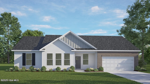 205 Lake Tyler Dr, New Bern, NC 28560 - view of front of house with board and batten siding, an attached garage, concrete driveway, a front yard, and brick siding