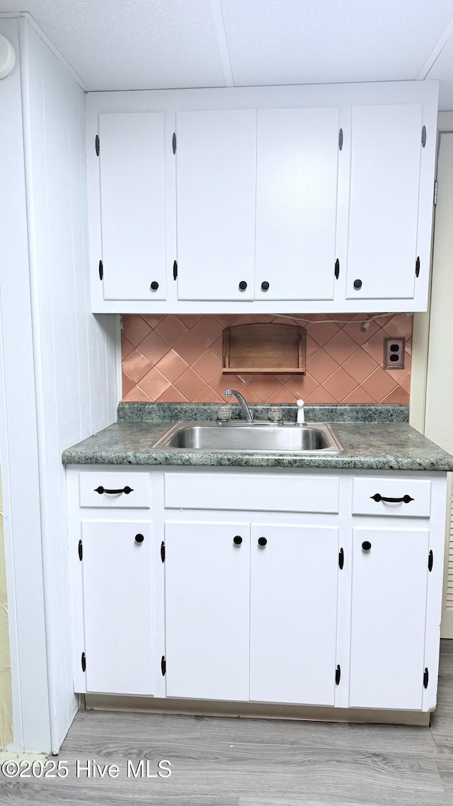 308 Terry St, Hamlet, NC 28345 - kitchen with a sink, white cabinets, light wood-style flooring, decorative backsplash, and light countertops