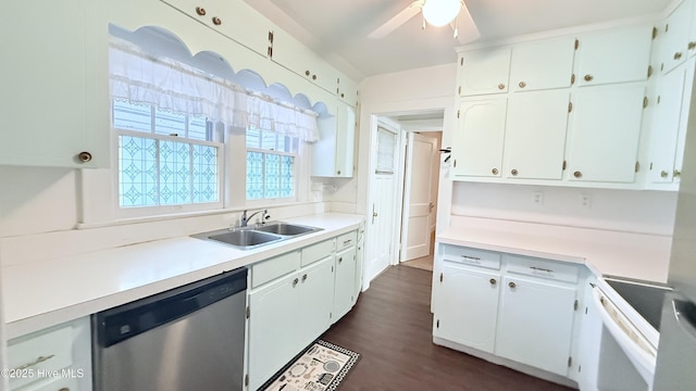 308 Terry St, Hamlet, NC 28345 - kitchen with dishwasher, a ceiling fan, a sink, electric stove, and white cabinets