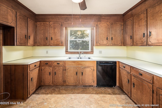 1363 Robert Everett Rd, Robersonville, NC 27871 - kitchen with a sink, black dishwasher, brown cabinetry, and ceiling fan