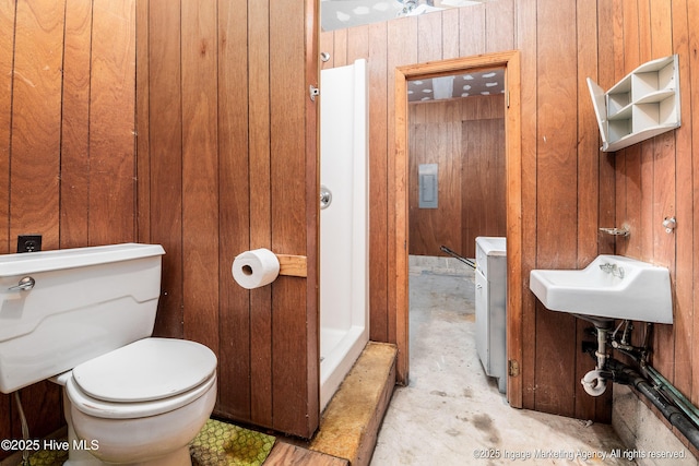 1363 Robert Everett Rd, Robersonville, NC 27871 - half bath featuring wooden walls, toilet, unfinished concrete floors, and a sink