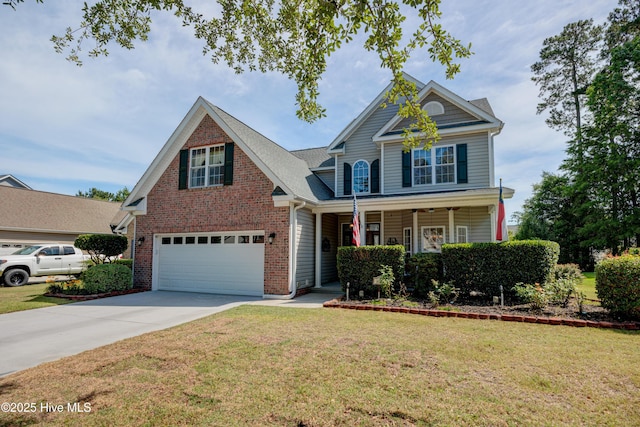 4029 Berberis Way, Wilmington, NC 28412 - traditional home with concrete driveway, an attached garage, a front lawn, covered porch, and brick siding