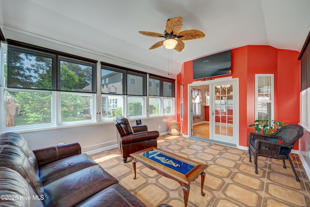 4029 Berberis Way, Wilmington, NC 28412 - living area featuring ceiling fan, lofted ceiling, and baseboards