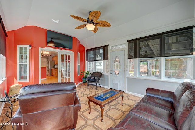 4029 Berberis Way, Wilmington, NC 28412 - living room with lofted ceiling, a ceiling fan, and baseboards
