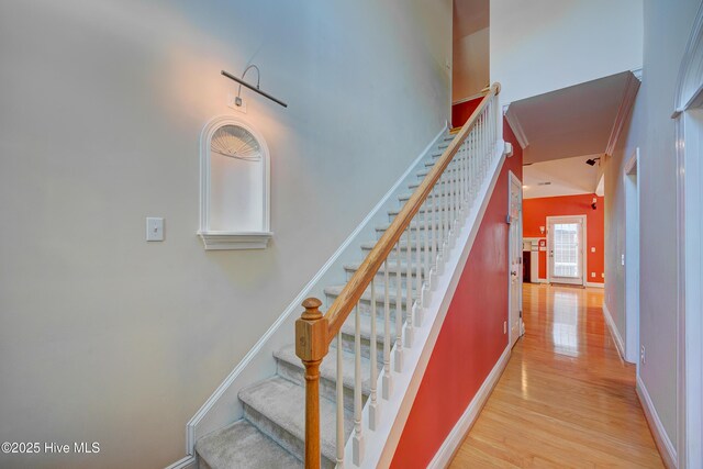 4029 Berberis Way, Wilmington, NC 28412 - stairs featuring wood finished floors, baseboards, and a towering ceiling
