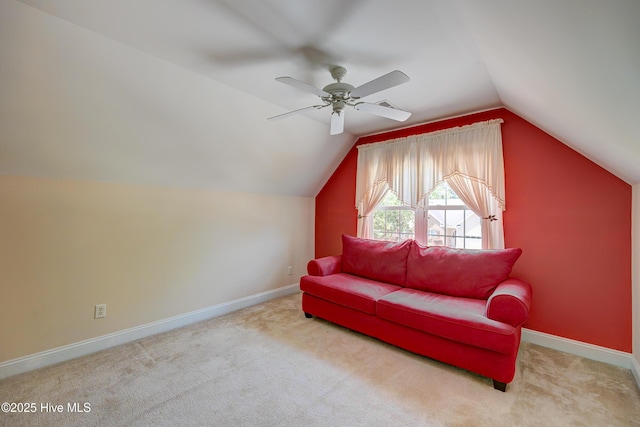 4029 Berberis Way, Wilmington, NC 28412 - carpeted living area with a ceiling fan, lofted ceiling, and baseboards