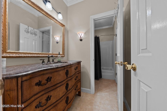 3 Merion Cir, Pinehurst, NC 28374 - full bathroom featuring vanity, ornamental molding, shower / bath combo with shower curtain, tile patterned floors, and baseboards