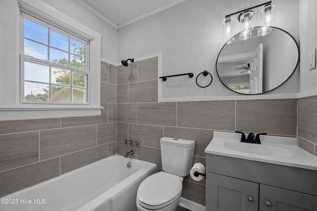 306 Oak Dr, Tarboro, NC 27886 - full bath featuring vanity, bathing tub / shower combination, toilet, ornamental molding, and a ceiling fan