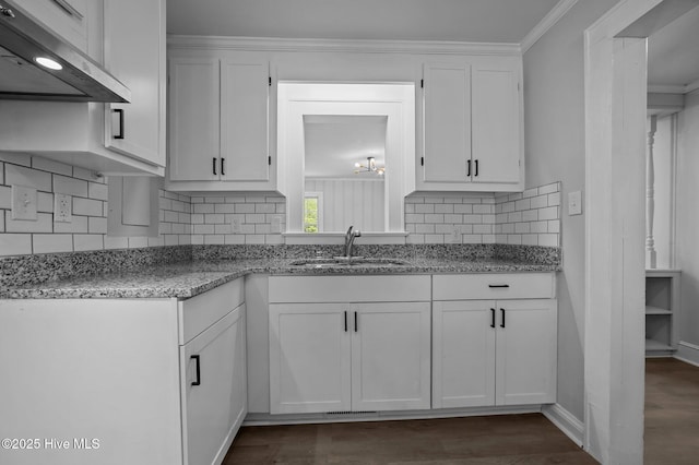 306 Oak Dr, Tarboro, NC 27886 - kitchen with under cabinet range hood, a sink, white cabinets, decorative backsplash, and light stone countertops