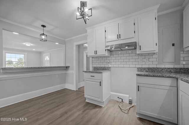 306 Oak Dr, Tarboro, NC 27886 - kitchen with white cabinets, decorative backsplash, wood finished floors, under cabinet range hood, and crown molding