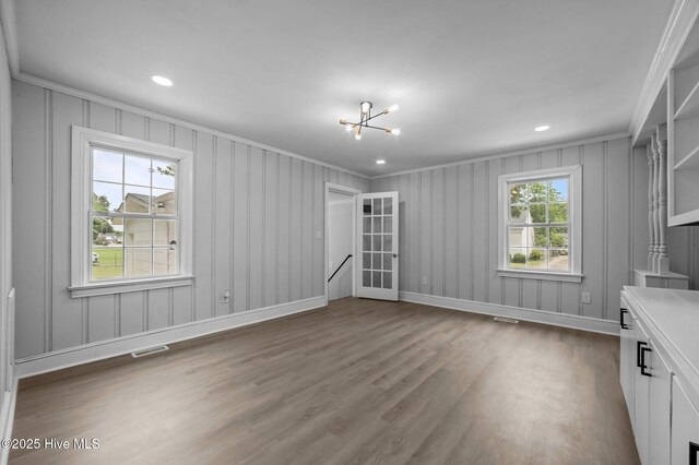 306 Oak Dr, Tarboro, NC 27886 - unfurnished dining area with ornamental molding, a chandelier, baseboards, dark wood finished floors, and recessed lighting