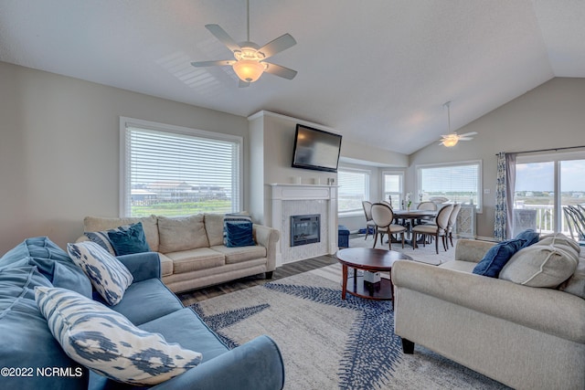 316 Bay Cir, North Topsail Beach, NC 28460 - living room featuring ceiling fan, lofted ceiling, a premium fireplace, and wood finished floors