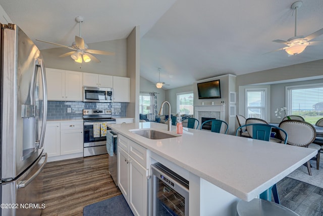 316 Bay Cir, North Topsail Beach, NC 28460 - kitchen with stainless steel appliances, a sink, ceiling fan, and lofted ceiling