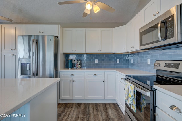 316 Bay Cir, North Topsail Beach, NC 28460 - kitchen with appliances with stainless steel finishes, ceiling fan, dark wood finished floors, white cabinets, and a textured ceiling