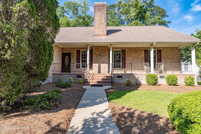 315 Thomas Pl, Washington, NC 27889 - ranch-style home with brick siding, a chimney, a porch, and crawl space