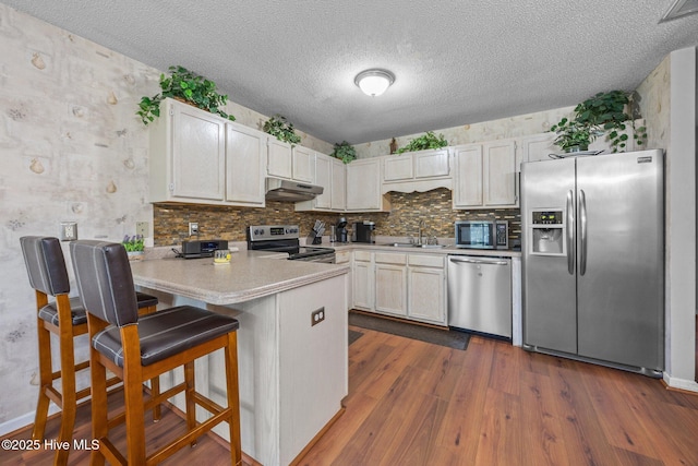 119 Cobblestone Trl, Jacksonville, NC 28546 - kitchen featuring appliances with stainless steel finishes, under cabinet range hood, a peninsula, dark wood-style flooring, and a sink