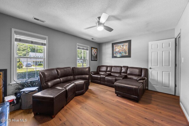 119 Cobblestone Trl, Jacksonville, NC 28546 - living room featuring wood finished floors, a ceiling fan, plenty of natural light, and a textured ceiling
