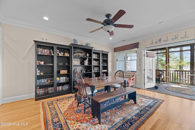 1404 Tosto Cir Apt 5, Oriental, NC 28571 - dining space with a ceiling fan, baseboards, wood finished floors, ornamental molding, and recessed lighting