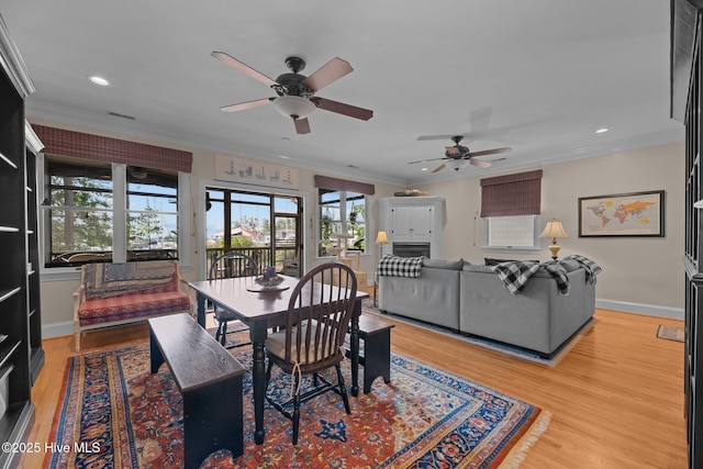 1404 Tosto Cir Apt 5, Oriental, NC 28571 - dining area with ceiling fan, ornamental molding, light wood-style floors, baseboards, and recessed lighting