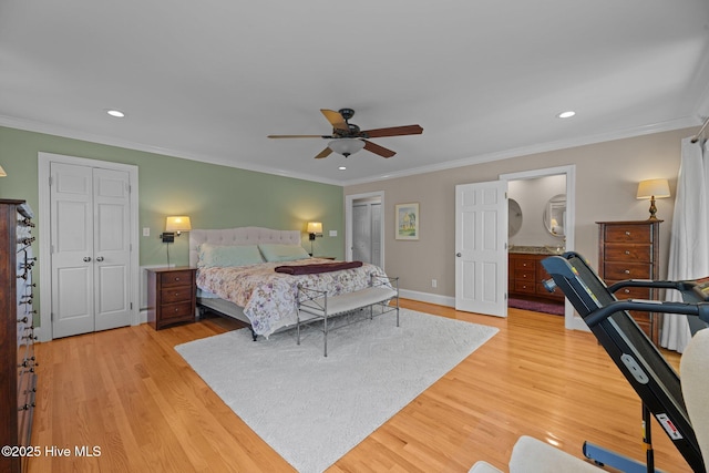 1404 Tosto Cir Apt 5, Oriental, NC 28571 - bedroom featuring light wood-type flooring, crown molding, recessed lighting, baseboards, and a ceiling fan